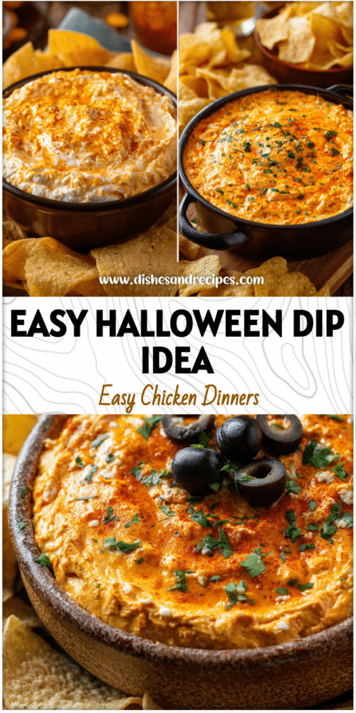 Warm Halloween Buffalo Chicken Dip served in a crockpot surrounded by chips for a festive party table.